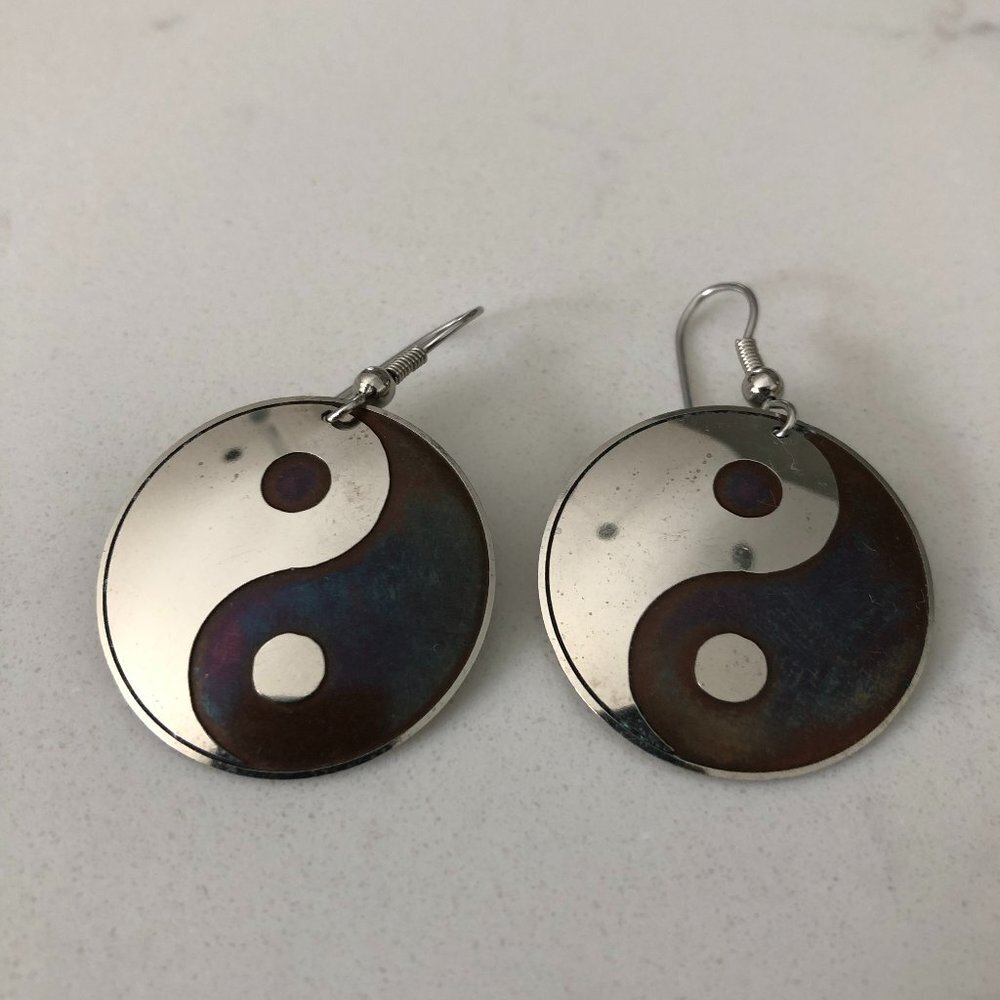 Yin and Yang Vintage Silver + Bronze Metal Earrings Fish Hook Close - no stamp